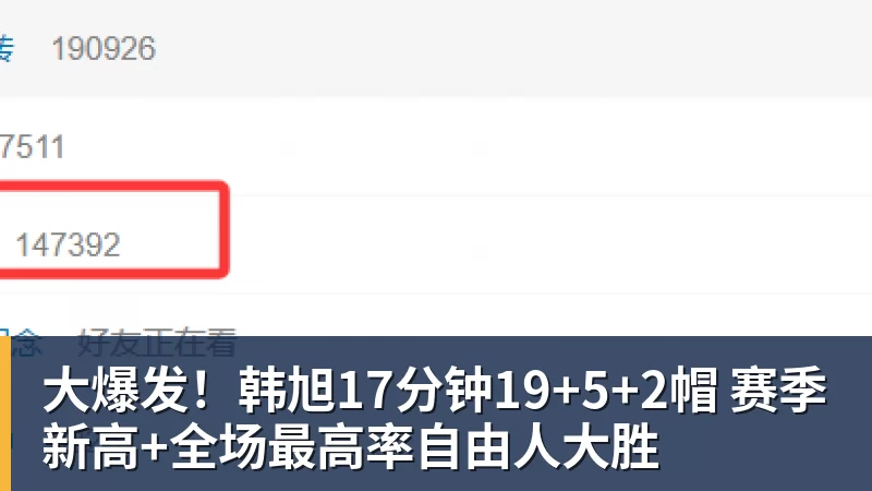 大爆发！韩旭17分钟19+5+2帽 赛季新高+全场最高率自由人大胜